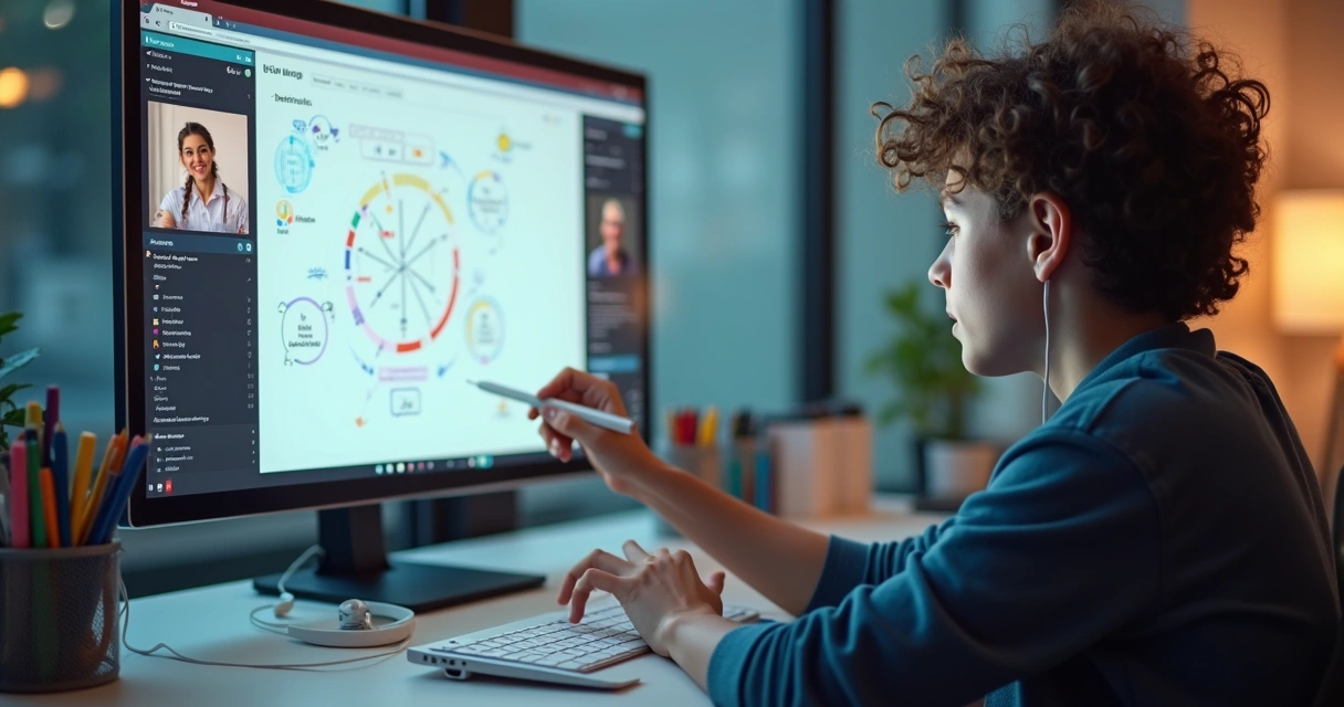 Aluno adolescente usando quadro digital em aula online com tutor 