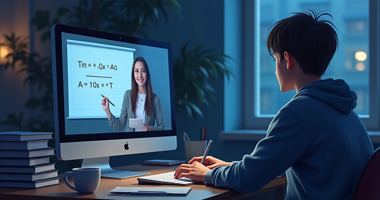 Aluno estudando com quadro e vídeo na tela. 