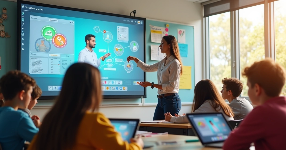 Professor usa IA em sala de aula com alunos atentos