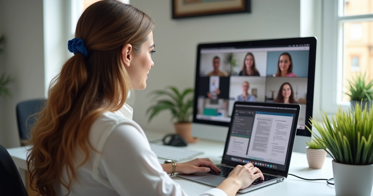 Professora dando aula de inglês online usando plataforma digital 