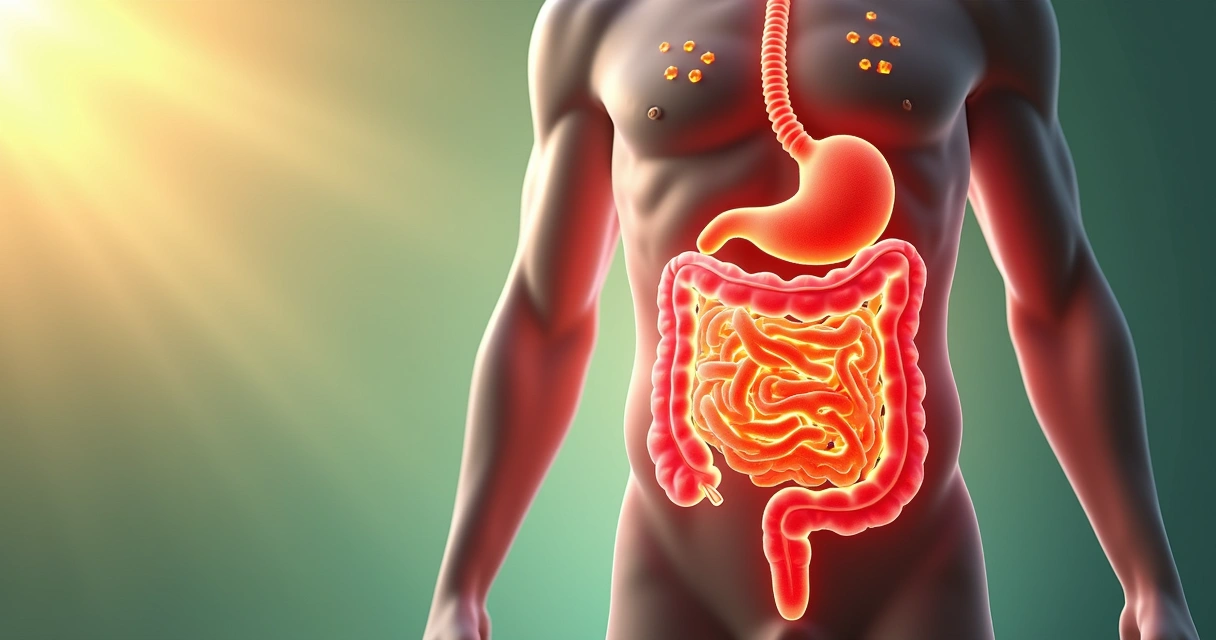 Ilustração realista do sistema digestivo humano destacando o intestino com gráficos de microbiota equilibrada e inflamada 