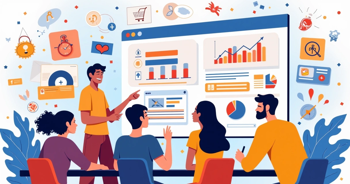 Trabalho em equipe para entender o público-alvo com gráficos e uma página de destino ao fundo.