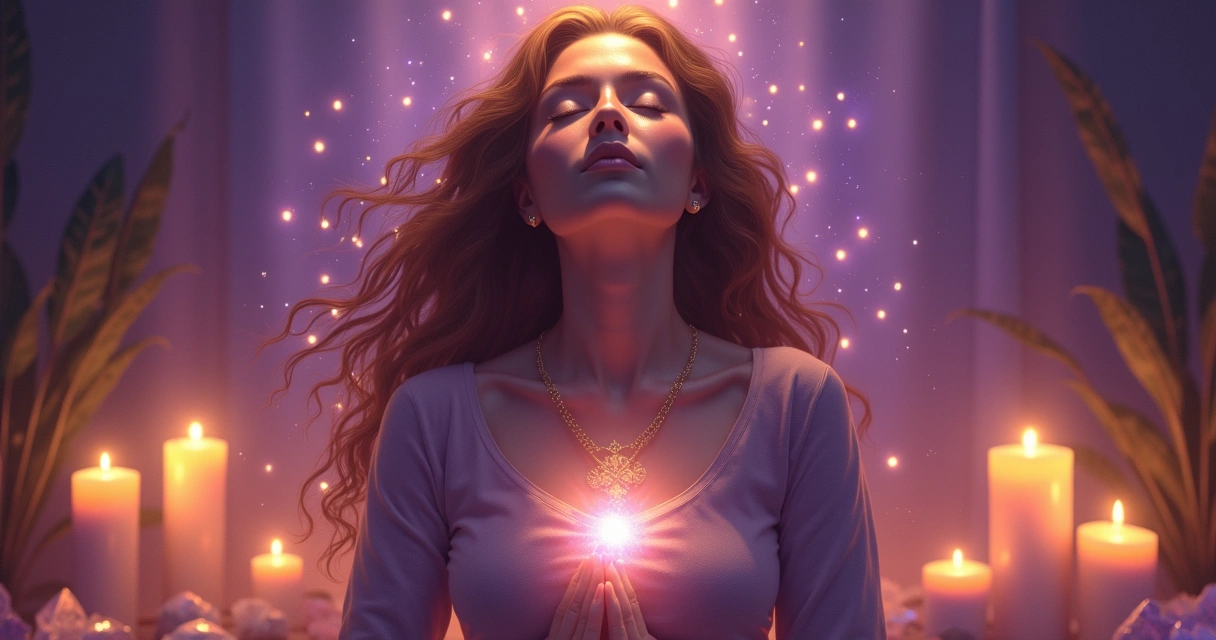 Mulher com olhos fechados em ambiente espiritual com energia ao redor 