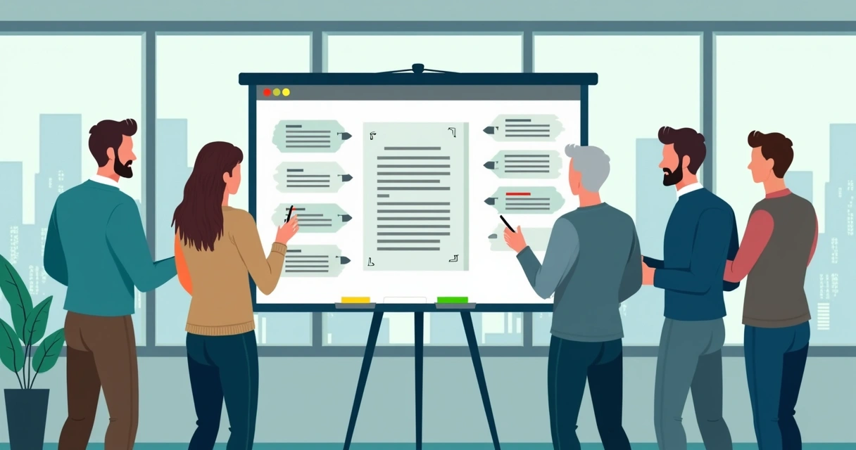 Large business team reviewing digital document workflow on big display 