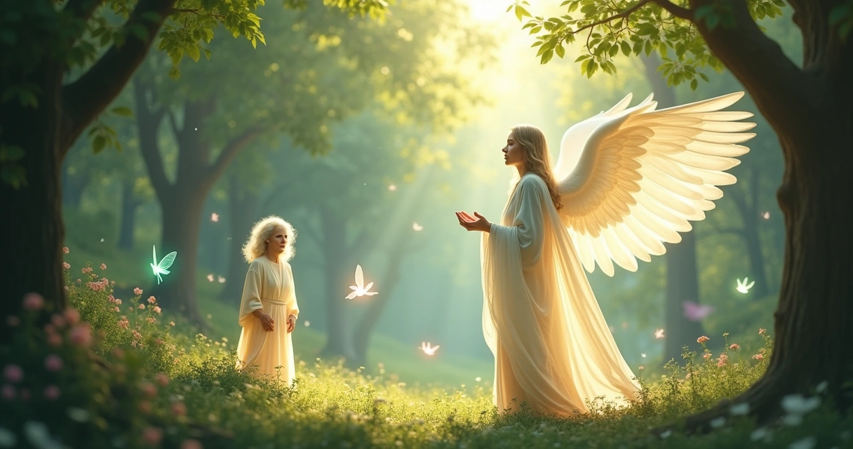 Entidades espirituais em uma floresta mágica: guia, anjo, ancestral e elementais iluminando o ambiente.