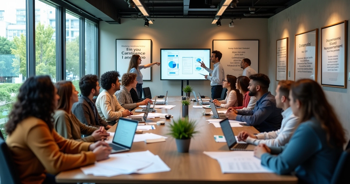 Sala de reunião com diferentes pessoas discutindo projetos sociais com gráficos e materiais de gestão sobre a mesa. 