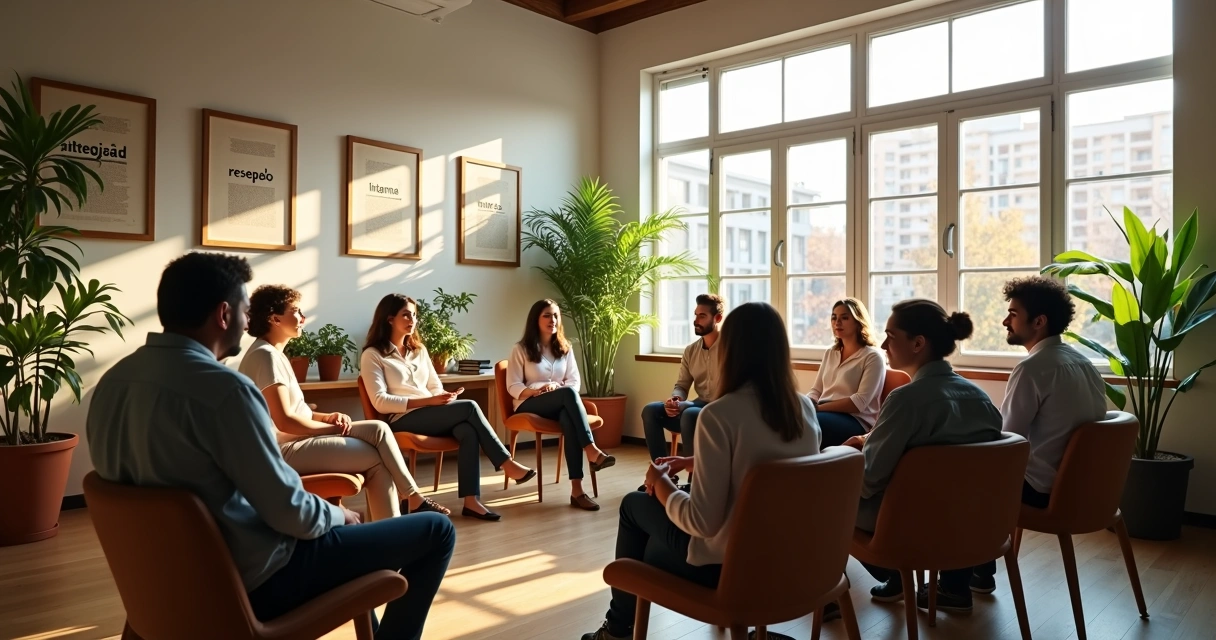Reunión en grupo apoyando valores comunes en oficina iluminada 