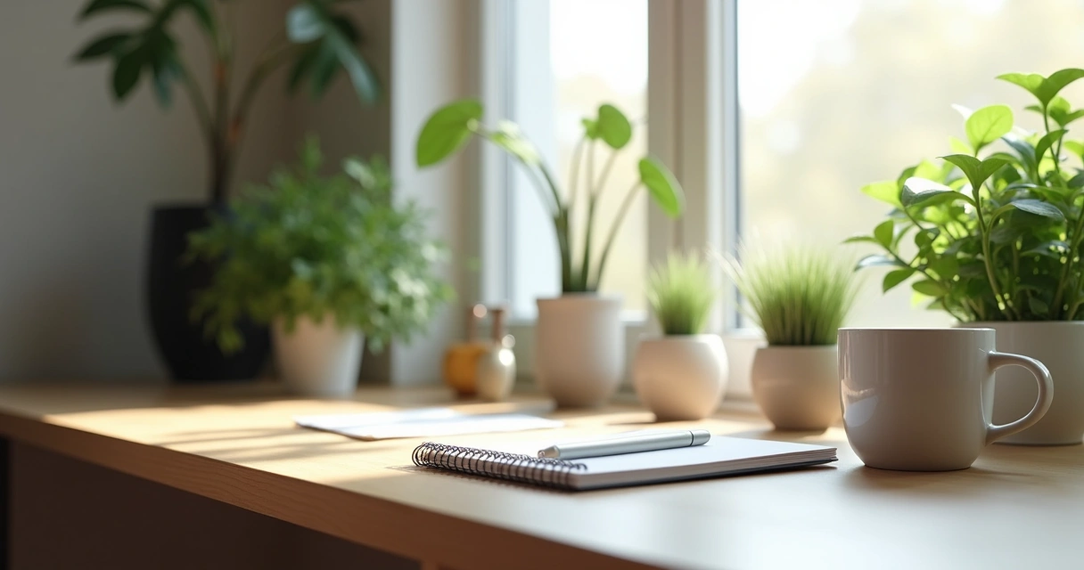 Escritorio ordenado con plantas y luz natural