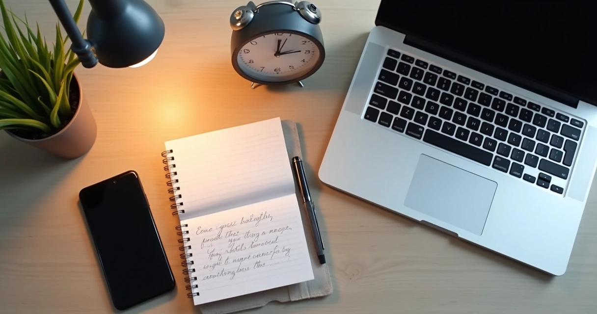 Escritorio ordenado con portátil, libreta y teléfono en modo silencioso