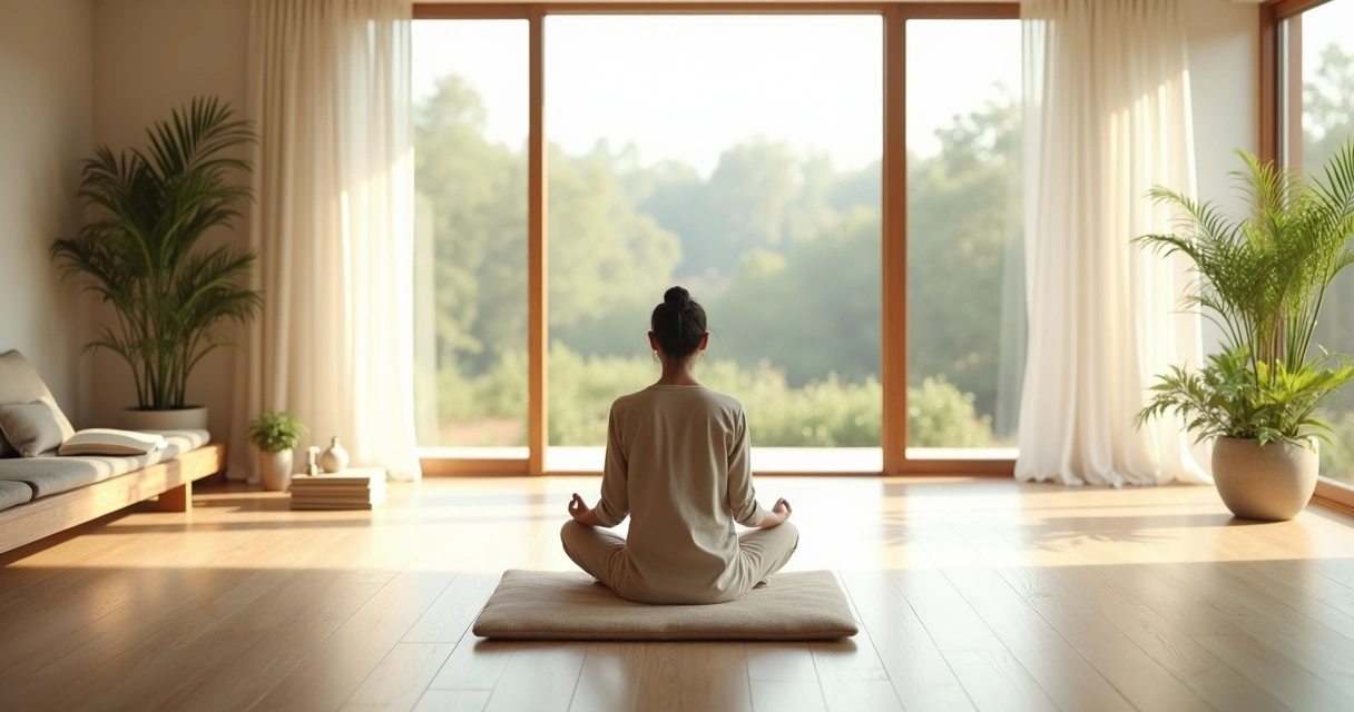 Persona meditando en una habitación luminosa y ordenada con elementos naturales 