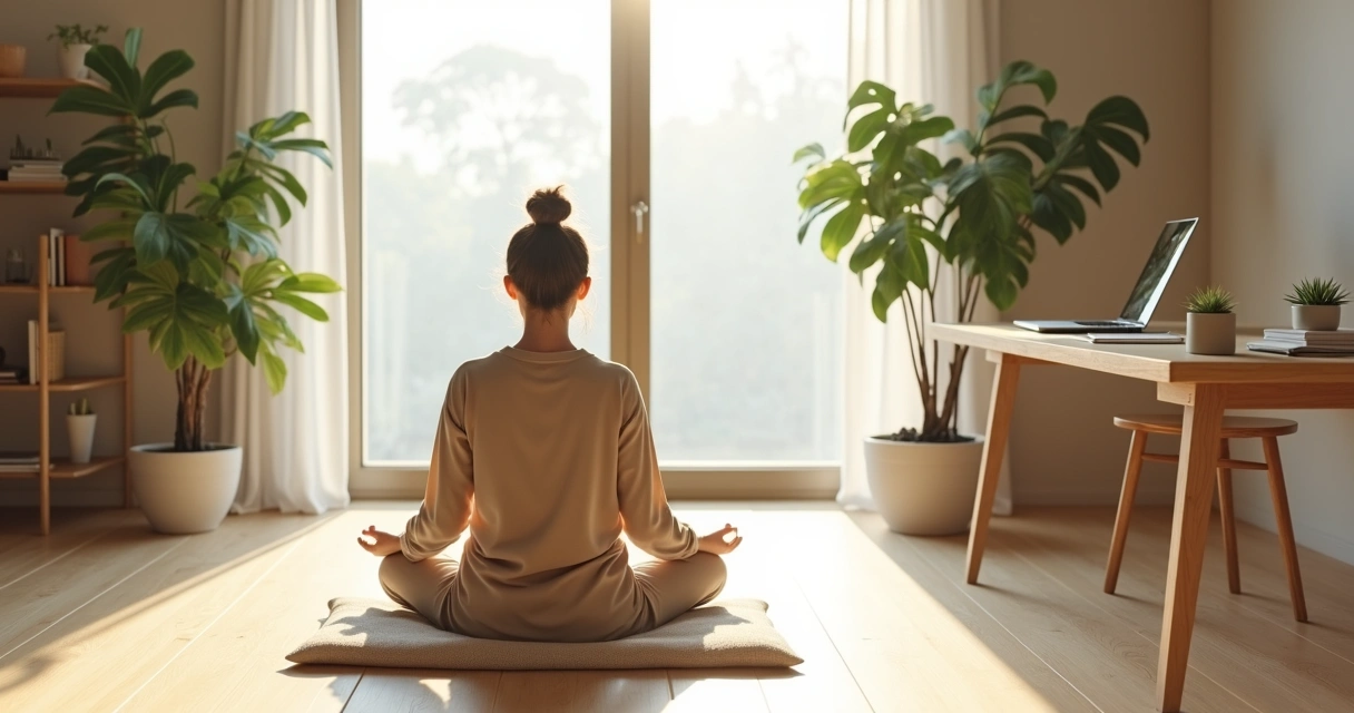 Persona meditando en sala minimalista luminosa con plantas y escritorio ordenado 