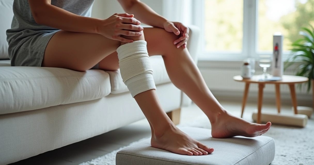 Pessoa no sofá com joelho enfaixado aplicando gelo em entorse de joelho 