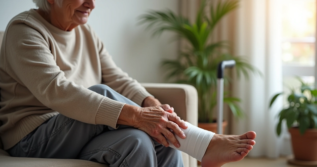 Pessoa idosa com tornozelo enfaixado, sentada com expressão de leve desconforto 