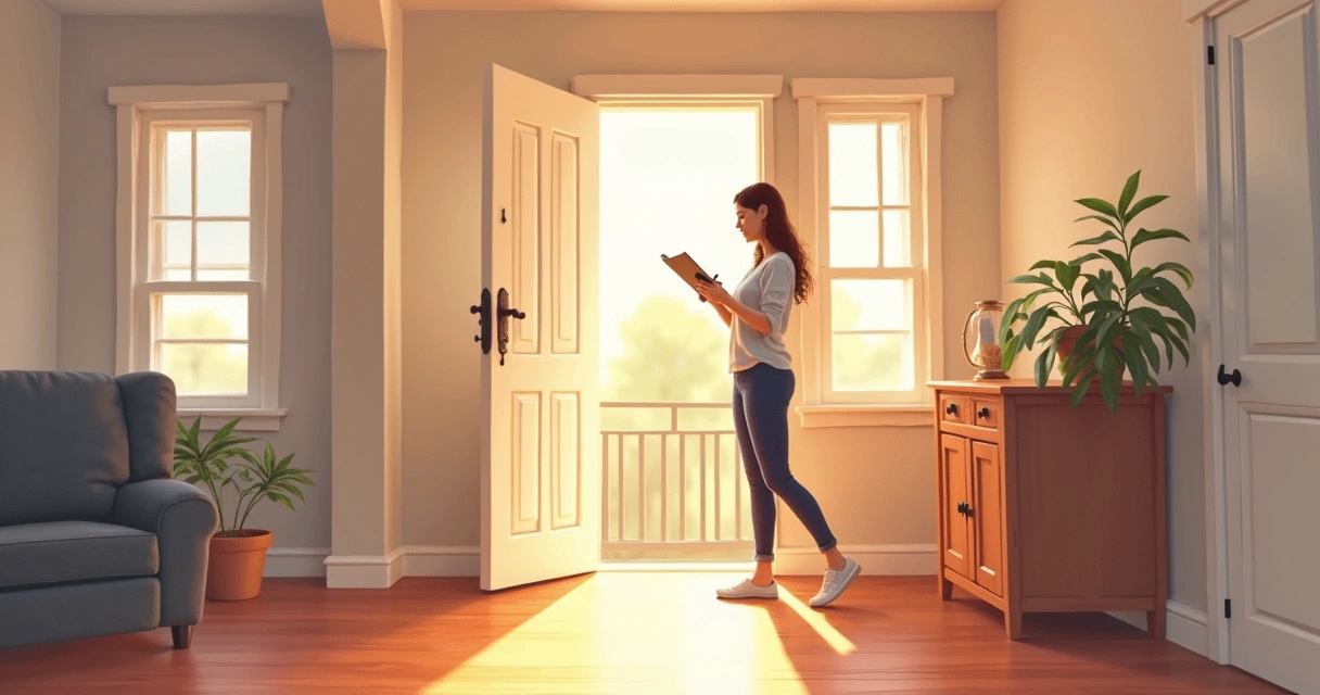 Pessoa com prancheta entrando em apartamento vazio 