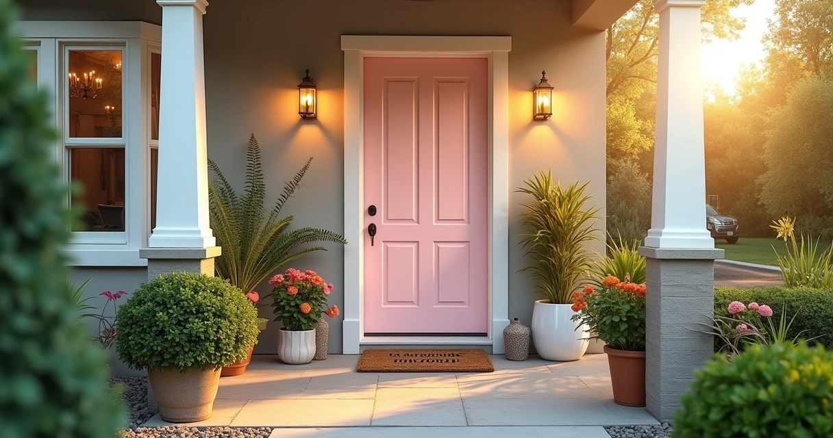 Entrada da casa com porta colorida, plantas e iluminação aconchegante.