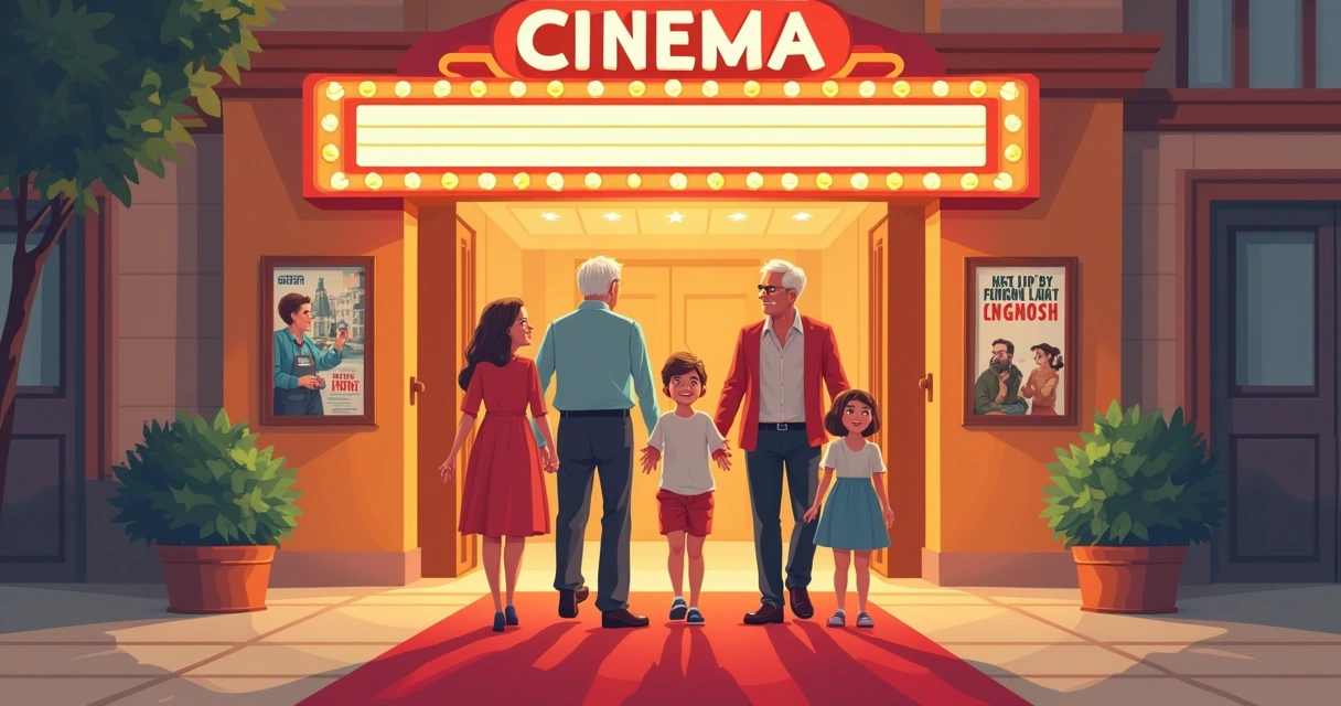 Crianças, adultos e idosos entrando juntos em um cinema com pôster de filme antigo 