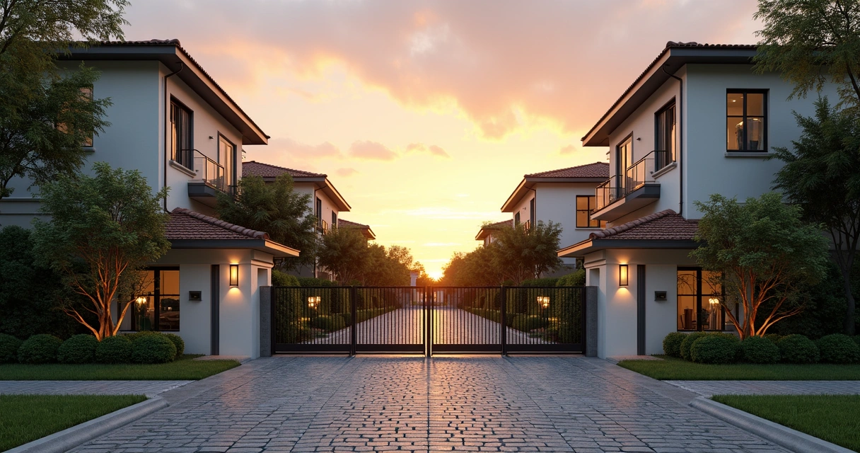 Entrada de condomínio residencial com guarita, jardins e portão automático 