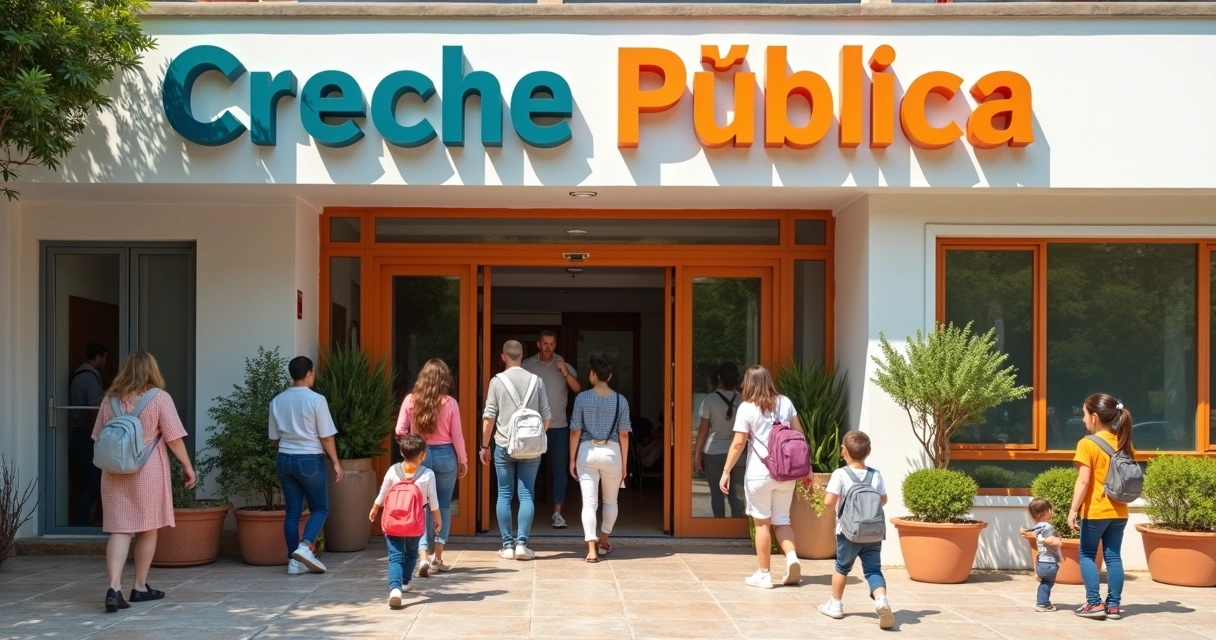 Entrada de uma creche pública com pais e crianças na porta 
