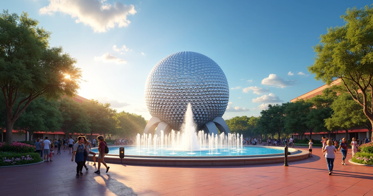 Fonte e esfera prateada na entrada do Epcot 