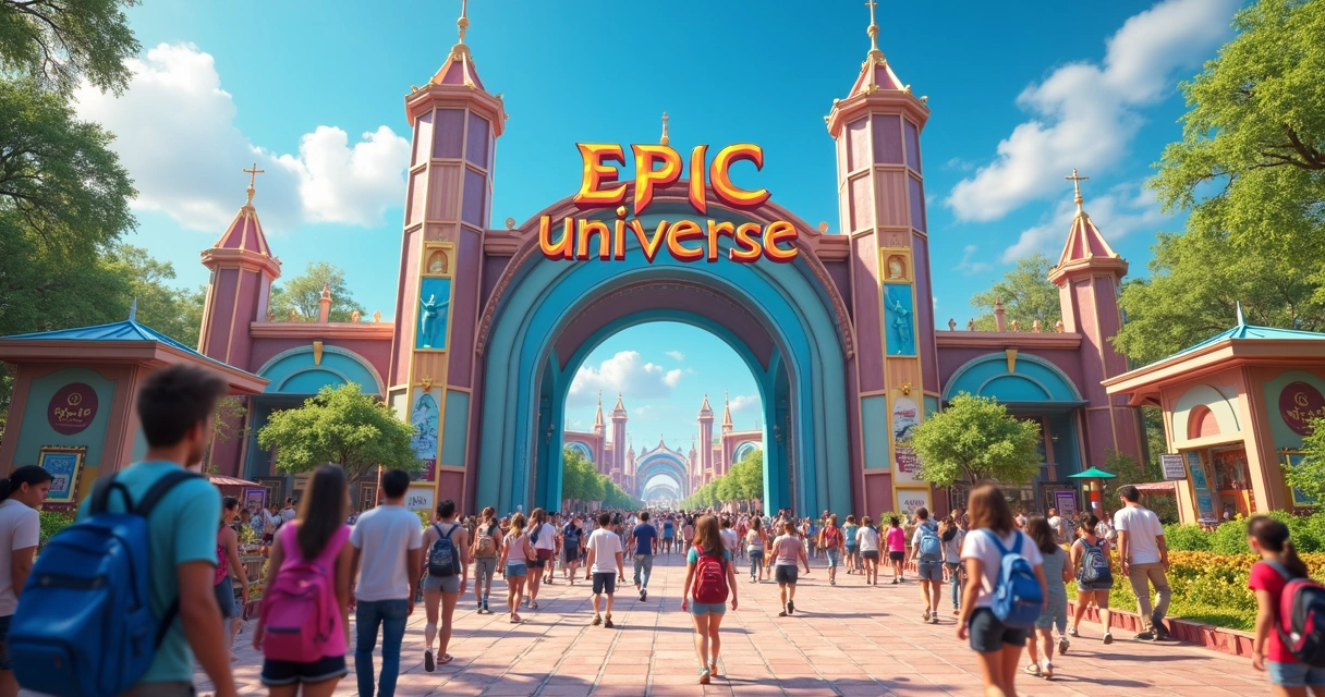Entrada do Epic Universe com visitantes e céu azul claro.