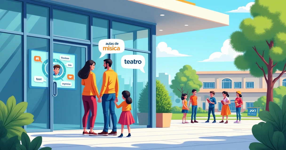 Ilustração de uma entrada de escola moderna com uma família interagindo com um agente IA em um display digital.