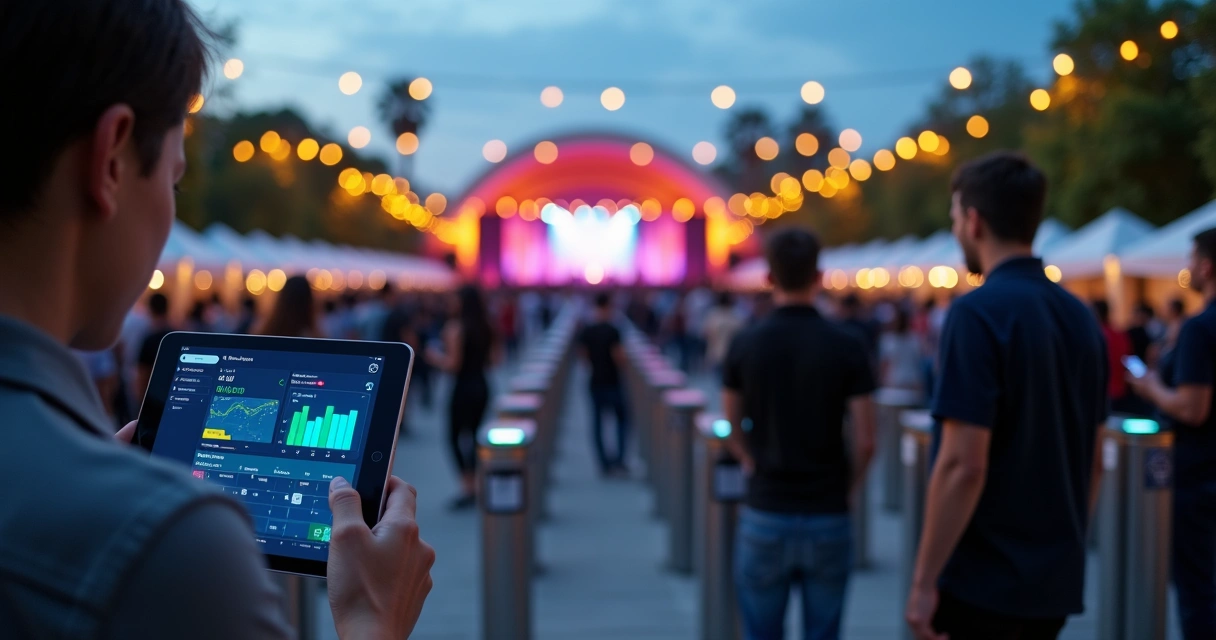 Gestor monitorando controle de público em entrada de evento pelo tablet 