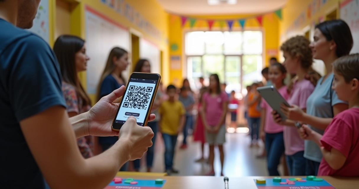 Chegada de famílias com QR Code em evento na escola 