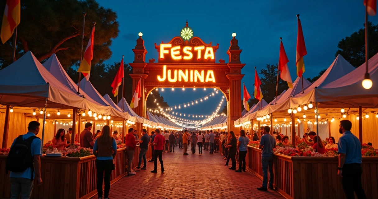 Entrada sinalizada de festa junina à noite 