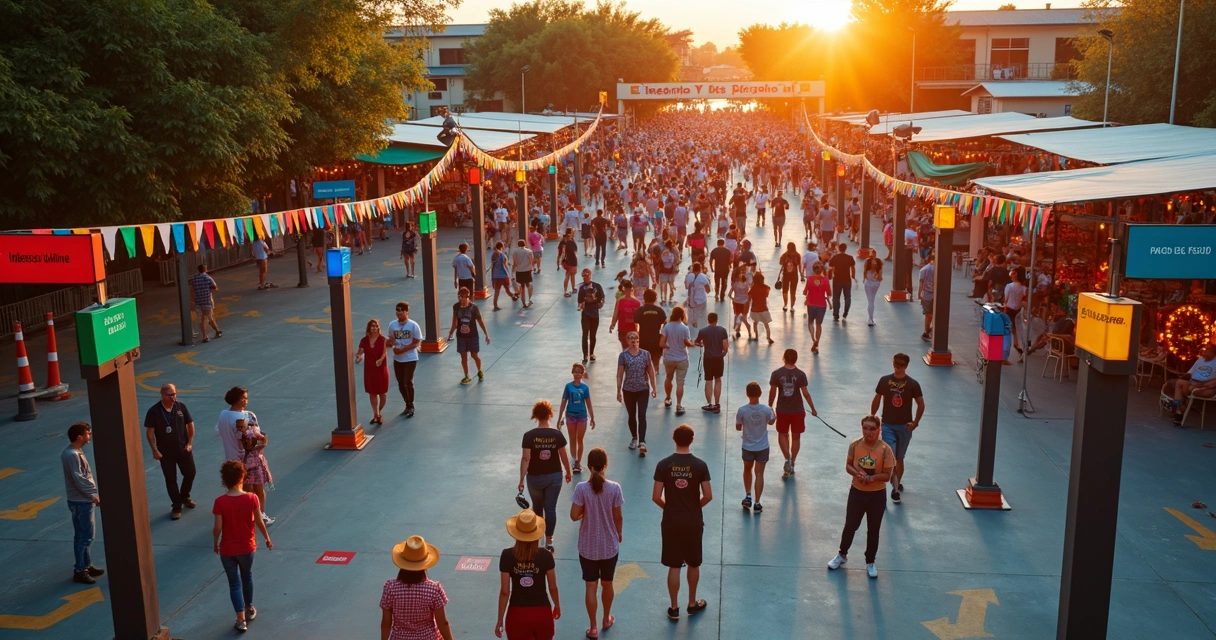 Vista aérea de entrada organizada de festa junina com visitantes passando por corredores sinalizados 