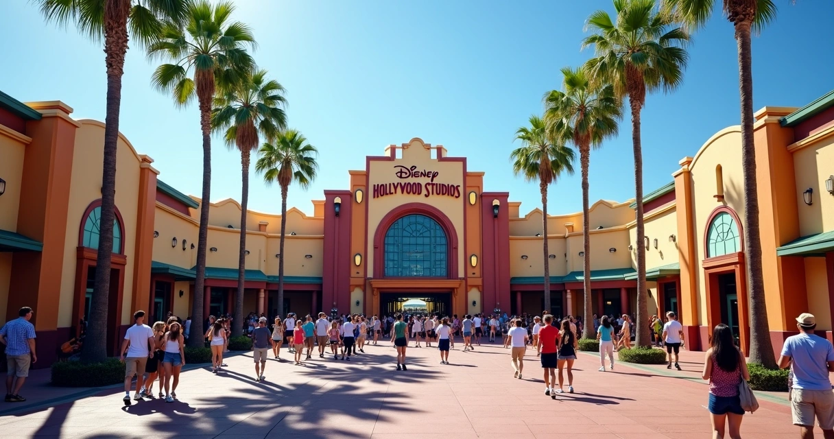 Entrada principal do parque Hollywood Studios em Orlando, dia ensolarado, visitantes chegando 