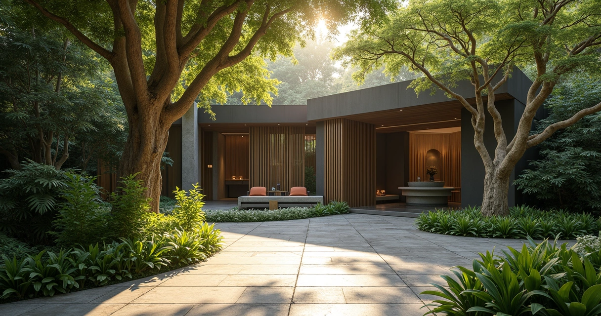 Jardim com entrada ao Kairós Spa emoldurada por árvores e arquitetura moderna 