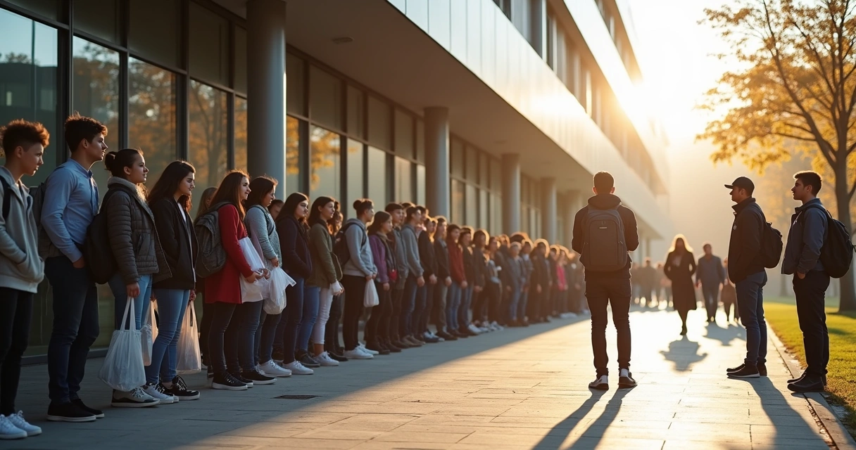 Fila de estudantes na entrada do local de prova 