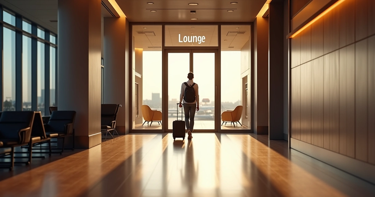 Viajante caminhando em corredor iluminado em direção à entrada de lounge de aeroporto sofisticado 