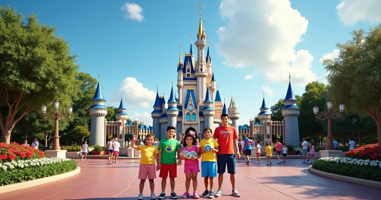 Entrada do Magic Kingdom com famílias brasileiras 