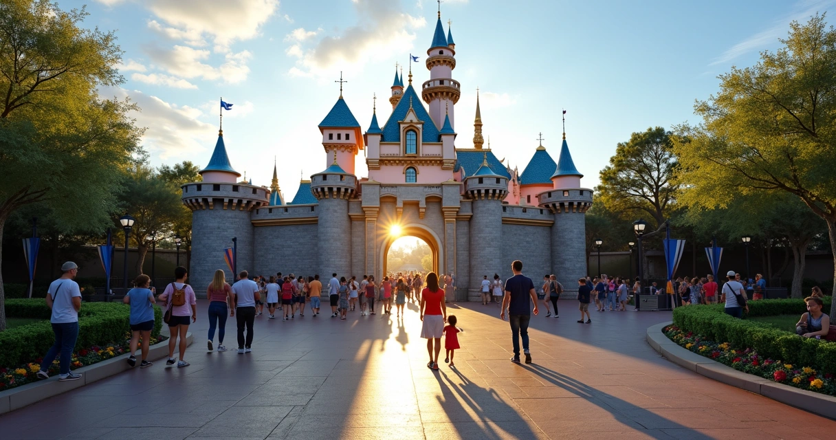 Portão principal do Magic Kingdom com visitantes chegando de manhã cedo 