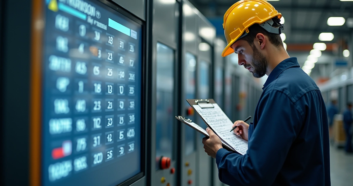 Técnico industrial preenche prancheta com pressa ao lado de máquina 