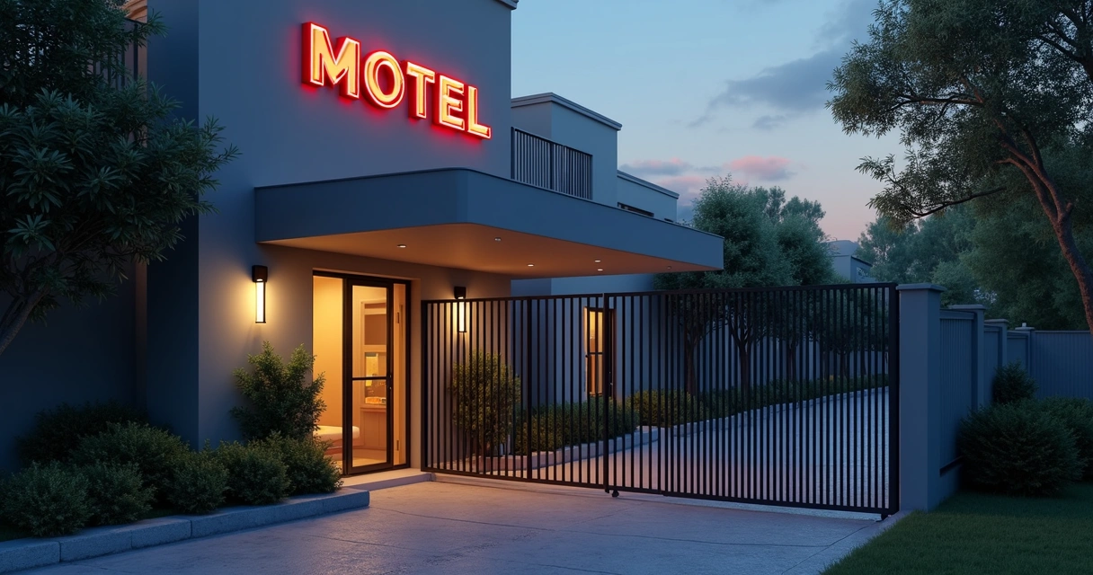 Entrada iluminada de motel moderno com ambiente discreto e seguro para encontros privados 