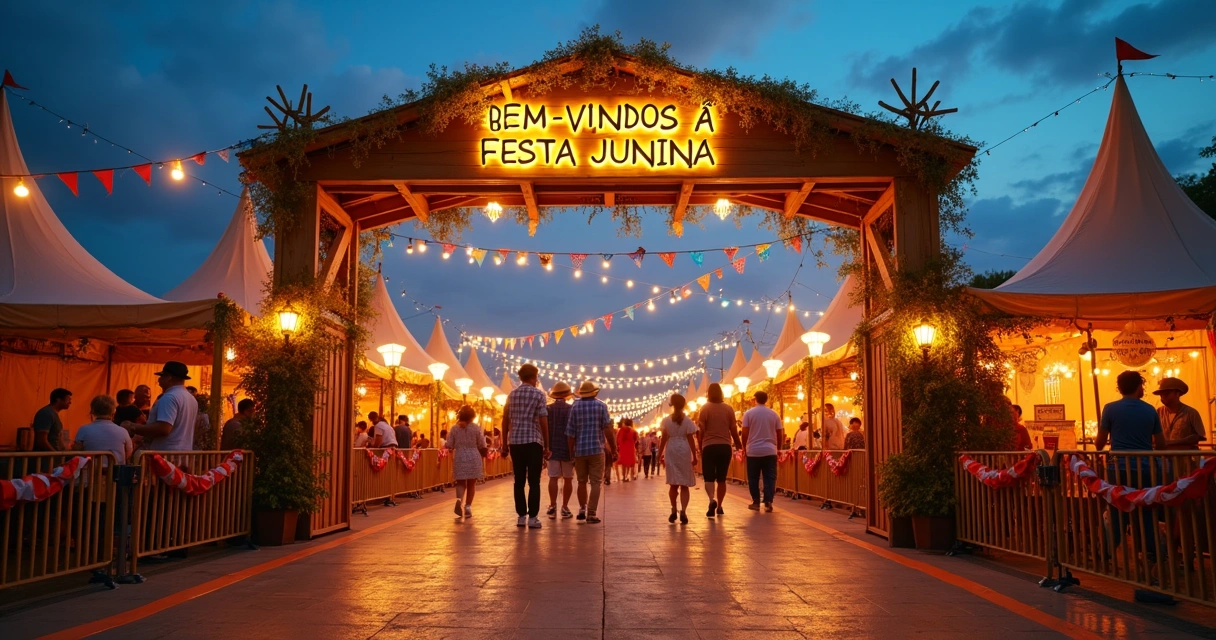 Entrada organizada de festa junina com arco decorado e público entrando sem filas 