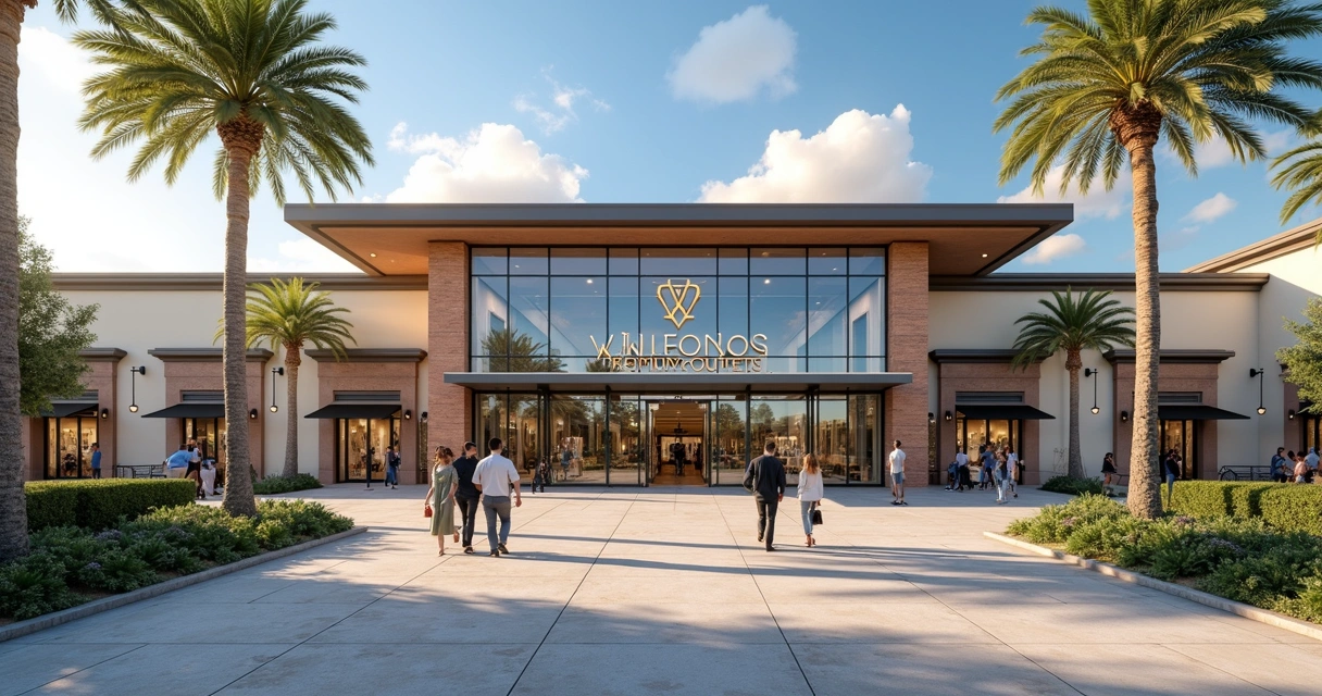 Entrada principal do Orlando Vineland Premium Outlets com fachada elegante e ambiente acolhedor 