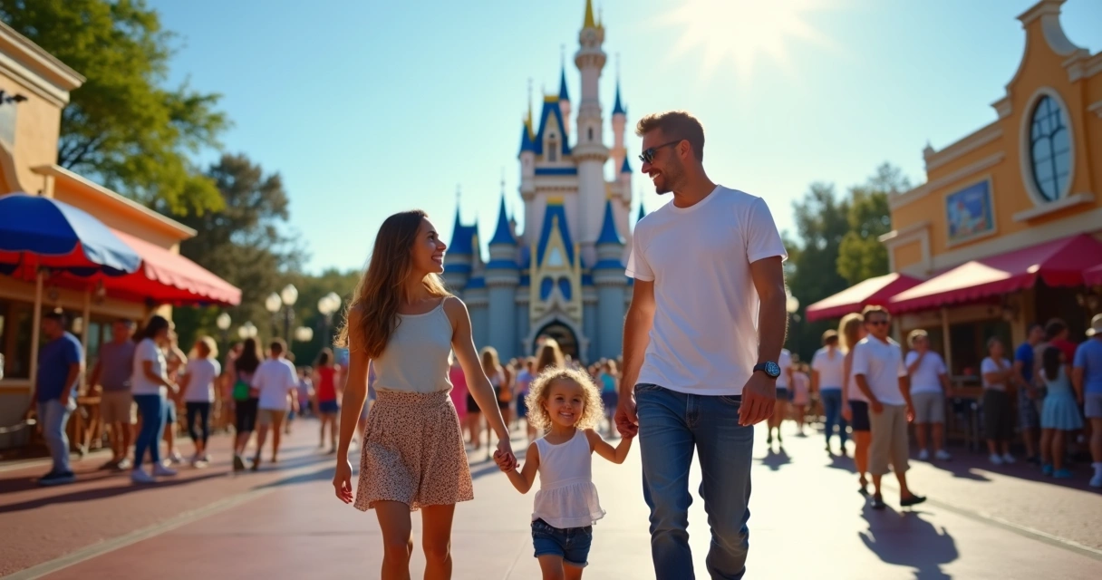 Família chegando animada na entrada do parque Disney
