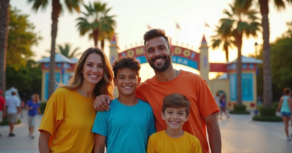 Família sorrindo na entrada de parque temático em Orlando 
