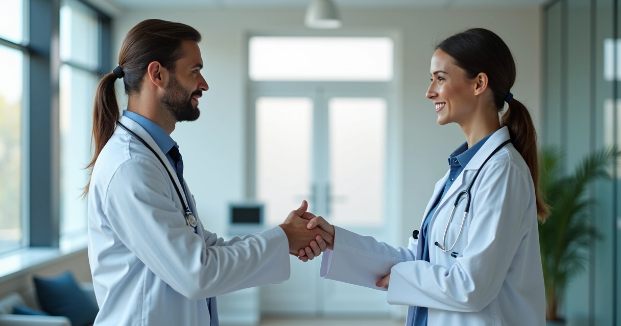 Dois médicos apertando as mãos em sinal de acordo, com fundo de clínica moderna. 