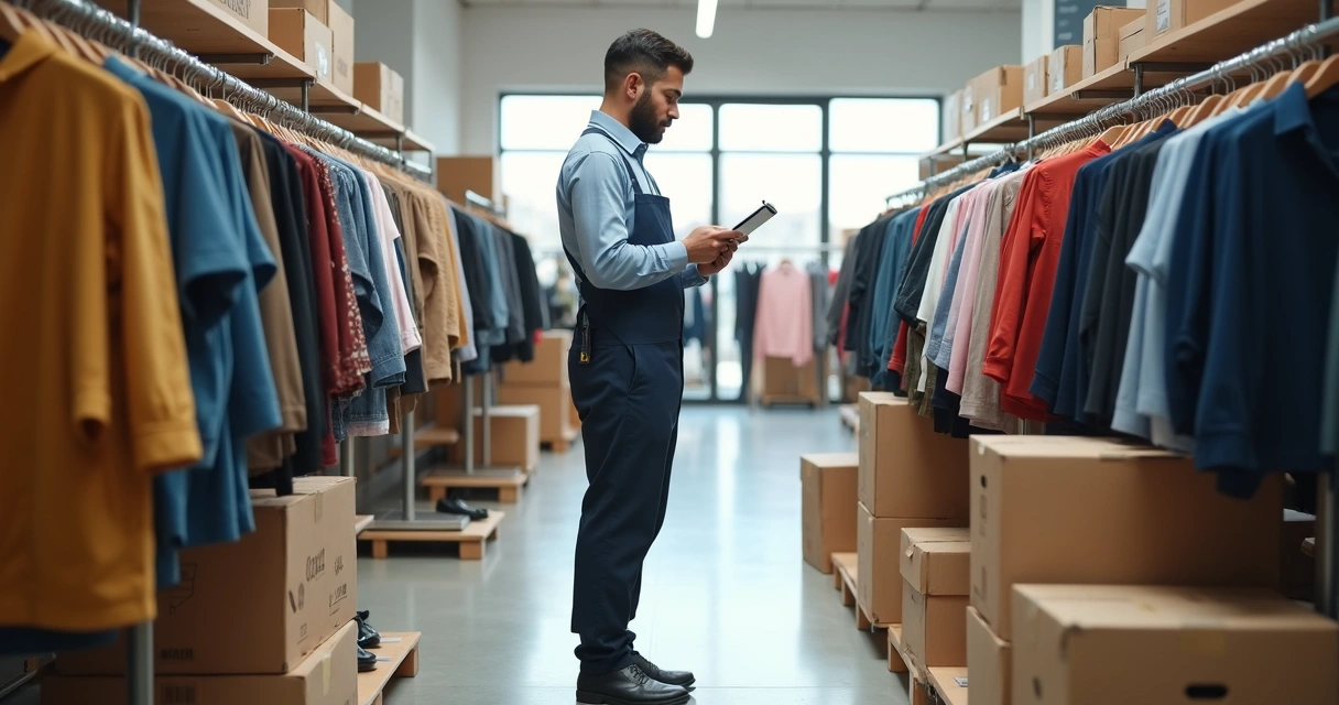 Funcionário conferindo entrada de roupas em loja de moda 