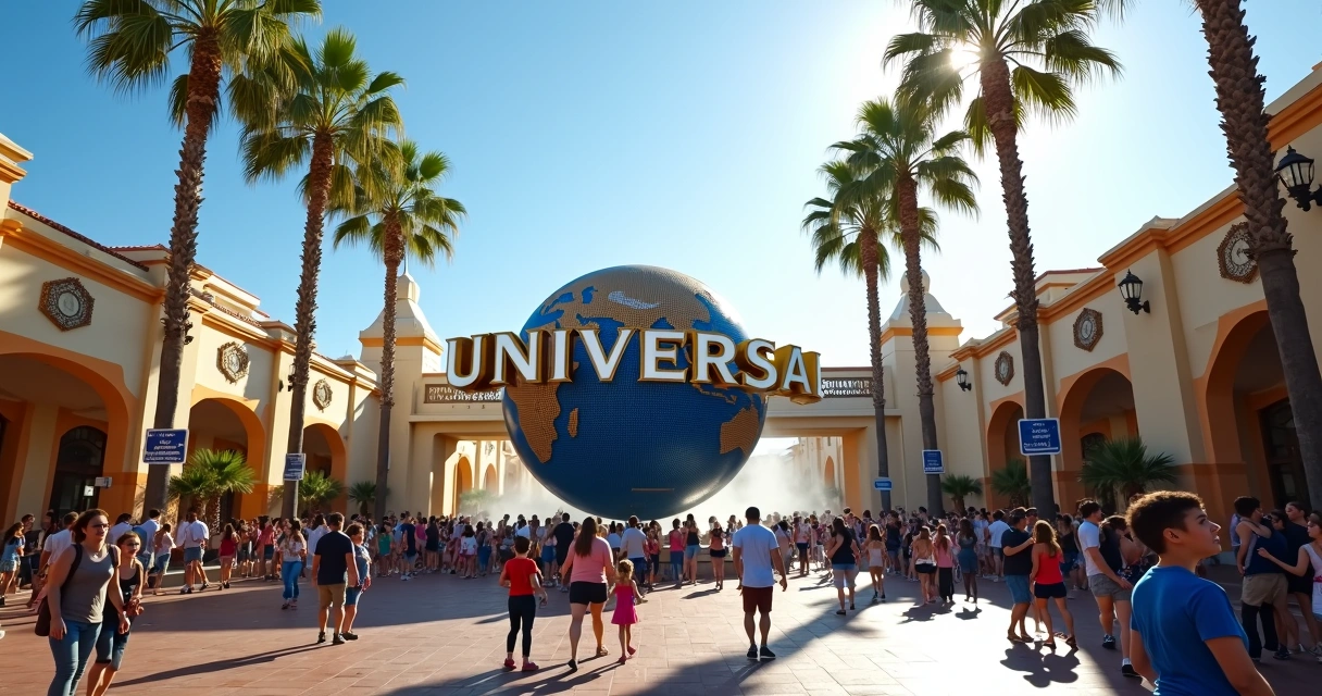 Entrada ampla do Universal Studios Orlando com visitantes entrando