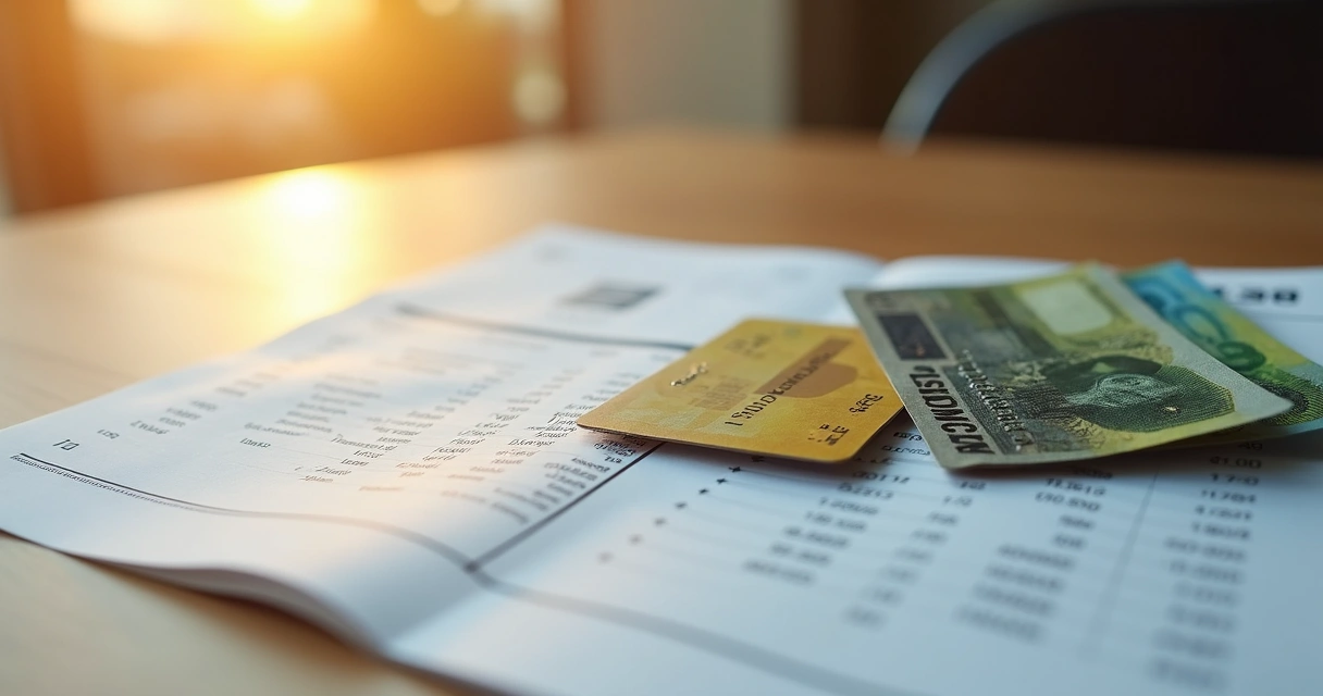 Notas de dinheiro e cartões de crédito sobre mesa com extrato bancário