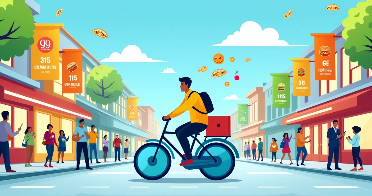 Motoboy em bicicleta azul realizando entrega em uma cidade agitada com lojas coloridas ao fundo.