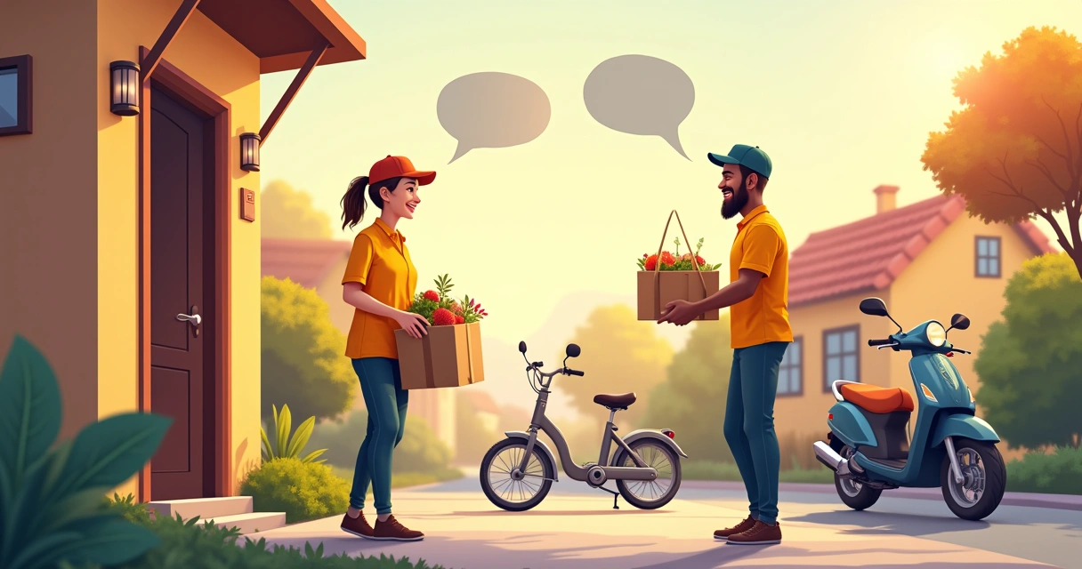 Ilustração de um funcionário de delivery sorridente entregando comida a um cliente satisfeito na porta de casa.
