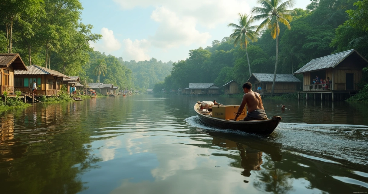 Transporte de entrega fluvial levando produtos a comunidades no interior do Amazonas. 