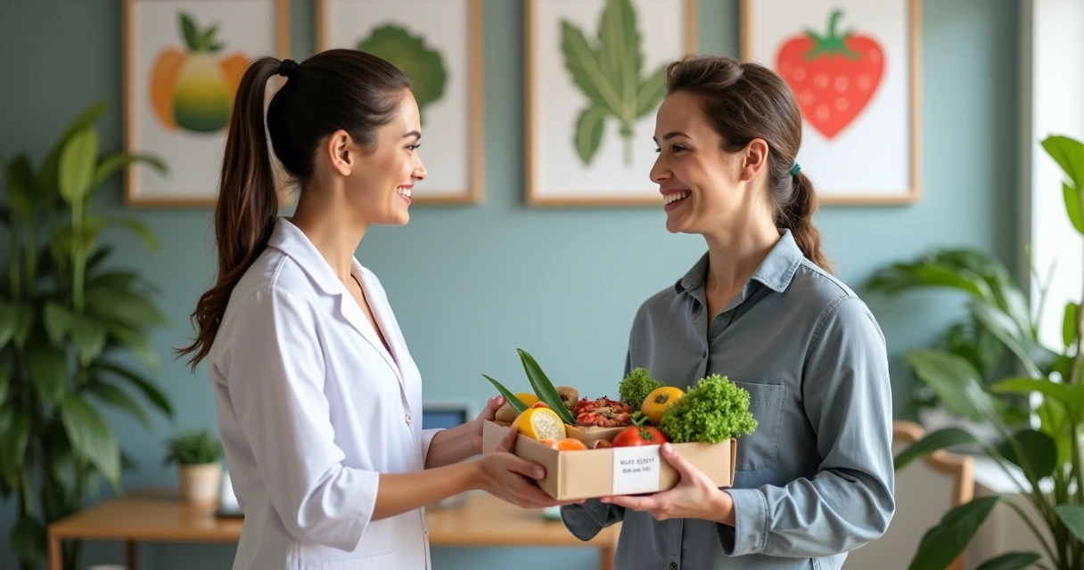Nutricionista entregando brinde personalizado a paciente sorridente em consultório 