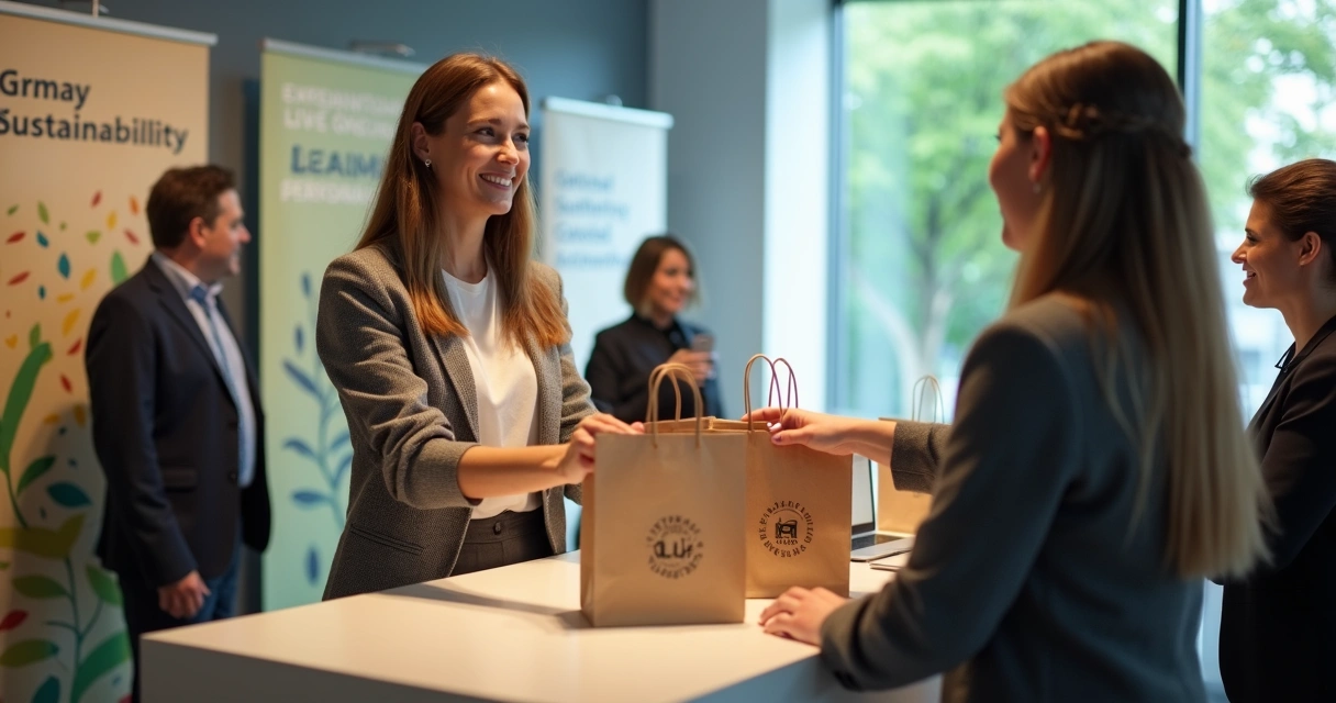 Entrega de brindes sustentáveis em evento corporativo 